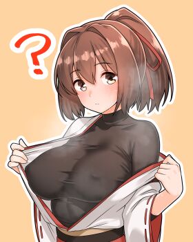 1girl ? absurdres black_sweater blush breasts brown_background brown_eyes brown_hair covered_erect_nipples furaggu_(frag_0416) hair_between_eyes hair_ribbon highres ise_(kancolle) japanese_clothes kantai_collection kimono large_breasts long_sleeves ponytail red_ribbon ribbon short_hair simple_background solo steaming_body sweater undressing variant_set white_kimono wide_sleeves