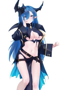 1girl absurdres azur_lane belt black_belt black_coat blue_eyes blue_hair blue_horns breasts coat commentary crossed_belts gold_trim hair_between_eyes hand_on_own_cheek hand_on_own_face highres horns large_breasts large_horns long_hair long_sleeves looking_at_viewer mary_celeste_(azur_lane) pointy_ears revealing_clothes simple_background smile solo stomach torn_clothes torn_coat underboob very_long_hair white_background zerotwenty_(020)