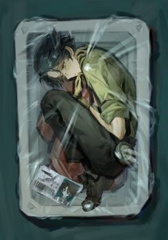1boy absurdres black_hair black_pants black_shoes chinese_commentary commentary compass dianbo635 face_piercing fetal_position gloves green_eyes green_shirt highres id_card identity_v in_container male_focus norton_campbell nose_piercing pants piercing plastic_wrap procreate_(medium) shirt shoes short_hair sleeves_rolled_up solo watch yellow_gloves