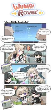 +++ 2boys 2girls absurdres aqua_necktie black_hair black_jacket blonde_hair blowing_bubble_gum braid braided_bangs breasts charm_(object) chewing_gum clang_bang_(wuthering_waves) classroom cleavage commentary day english_commentary english_text hair_ornament headphones headphones_around_neck highres jacket junsuina_fujunbutsu long_hair lynae_(wuthering_waves) male_rover_(wuthering_waves) medium_breasts multiple_boys multiple_girls necktie notice_lines official_art one_eye_closed rover_(wuthering_waves) second-party_source shirt skull_hair_ornament smile white_shirt wuthering_waves yellow_eyes