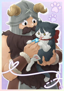 1boy animal animalization cat dungeon_meshi dwarf feeding highres holding holding_animal holding_cat izutsumi licking_food nattsurichii pawpads senshi_(dungeon_meshi) star_(symbol) star_in_eye symbol_in_eye