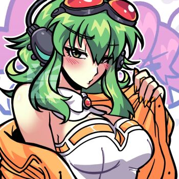 Rule 34 | bare shoulders, blush, bra, breasts, detached collar, goggles, goggles on head, green eyes, green hair, gumi, gumi (v3 megpoid), gumi (vocaloid6), hair over eyes, half-closed eyes, headphones, headshot, looking at viewer, medium breasts, medium hair, megpoid, nyapurrlitan, open mouth, puckered lips, shirt, solo, underwear, vocaloid, wavy hair, white shirt
