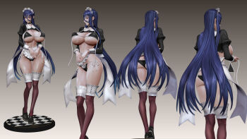 3d apron ass blue_eyes breasts frills from_behind full_body gradient_background highres huge_breasts leslyzerosix long_hair mahou_shoujo_(raita) panties puffy_sleeves shiny_skin side-tie_panties suzuhara_misae thigh_gap thighhighs underwear very_long_hair wide_hips