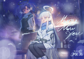 2026 2girls akeome arms_behind_head bench black_pantyhose black_skirt blue_archive blue_eyes blue_scarf blush commentary_request gloves halo happy_new_year jacket long_hair looking_at_another mechanical_halo miniskirt multiple_girls new_year night noa_(blue_archive) on_bench open_mouth outdoors own_hands_together pantyhose pleated_skirt purple_eyes purple_hair scarf skirt smile soramiruku very_long_hair white_gloves white_hair white_jacket yuuka_(blue_archive)
