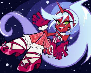 1girl absurdres bare_shoulders choker colored_skin demon_horns dress earrings fishnet_thighhighs fishnets frilled_dress frilled_socks frills full_body fur-trimmed_choker fur-trimmed_gloves fur_trim glasses gloves green_eyes grey_hair heart heart_earrings high_heels highres horns jewelry kneesocks_(psg) long_hair looking_at_viewer night open_mouth panty_&amp;_stocking_with_garterbelt ponytail red_dress red_gloves red_skin santa_costume santa_dress semi-rimless_eyewear signature single_horn snow socks solo spaicydonut teeth thighhighs tongue upper_teeth_only white_choker white_socks white_thighhighs