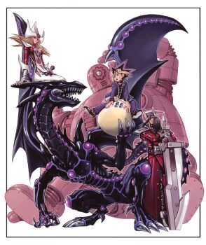 absurdres dragon duel_monster gandora_the_dragon_of_destruction hat highres marshmallon millennium_puzzle muto_yugi silent_magician silent_swordsman sword tail takahashi_kazuki weapon wings yu-gi-oh!