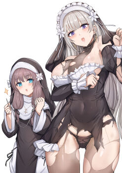 2girls black_dress black_panties black_pantyhose black_veil blue_eyes blush breasts brown_hair cleavage covered_navel dress haanja_(sinisistar) highres holding holding_needle holding_sewing_needle large_breasts lelia_(sinisistar) long_hair multiple_girls needle nun open_mouth panties pantyhose sewing_needle sinisistar sinisistar_2 skirt thighs thread torn_clothes torn_dress torn_pantyhose underwear veil white_hair white_skirt yarn yarn_ball yougenko