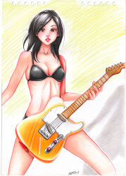 Rule 34 | 1girl, beck, bikini, black bikini, breasts, commentary, electric guitar, english commentary, fender telecaster, guitar, guitar strap, hair over one eye, highres, holding, holding guitar, holding instrument, instrument, medium hair, minami maho, music, playing guitar, playing instrument, sasori-sanin, scan, shadow, simple background, solo, spread legs, swimsuit, traditional media, unplugged, yellow background