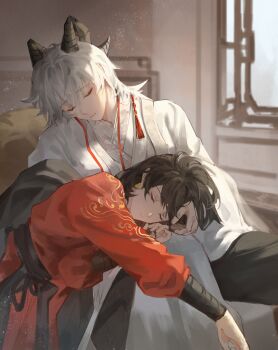 2girls absurdres alternate_costume architecture black_hair black_horns check_clothing chinese_clothes closed_eyes closed_mouth clothing_request commentary curled_horns earrings east_asian_architecture elyzerda english_commentary female_rover_(wuthering_waves) grey_hair hair_between_eyes hanfu highres horns jewelry lap_pillow long_hair multiple_girls red_hanfu rover_(wuthering_waves) sitting sleeping triangle_earrings white_hanfu wuthering_waves zani_(wuthering_waves)