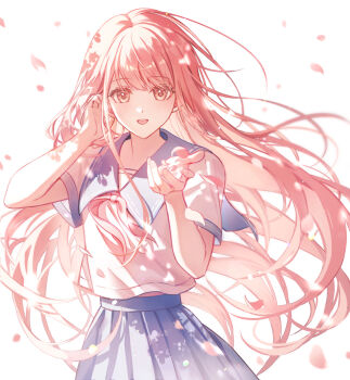 1girl :d blue_sailor_collar blue_skirt commission dappled_sunlight falling_petals floating_hair floating_neckwear hands_up highres long_hair looking_at_viewer midriff_peek miracle_nikki neckerchief nikki_(nikki) nikki_(series) open_mouth petals pink_eyes pink_hair pink_neckerchief pink_petals pleated_skirt sailor_collar sailor_shirt school_uniform serafuku shirt shorts sidelighting simple_background skirt smile standing straight-on straight_hair summer_uniform sunlight tucking_hair upper_body very_long_hair white_background white_shirt wind yuhaw0v0