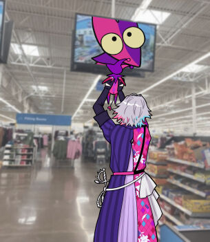 1boy arms_up bettelion_(gavis_bettel) black_gloves blue_hair camera coat colored_sclera commentary creature english_commentary floral_print from_behind gavis_bettel gavis_bettel_(1st_costume) gloves grey_hair highres holding holding_creature holostars holostars_english lily_print lumy_bell male_focus medium_hair meme multicolored_coat multicolored_hair photo_background pink_hair screen solo_focus standing striped_coat vertical-striped_coat virtual_youtuber yellow_sclera