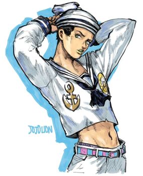 Rule 34 | 1boy, anchor ornament, anchor symbol, arms behind head, arms up, belt, black hair, blue belt, blue neckerchief, commentary request, compass rose, copyright name, cropped legs, dixie cup hat, drop shadow, green eyes, green lips, hat, higashikata josuke (jojolion), jojo no kimyou na bouken, jojolion, lipstick, looking to the side, makeup, male focus, midriff, military hat, narita imomushi, navel, neckerchief, pants, pink belt, sailor, sailor collar, sailor hat, shirt, short hair, simple background, solo, two-tone belt, white background, white hat, white pants, white sailor collar, white shirt