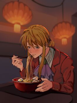 1other absurdres androgynous ascot blonde_hair blue_eyes blush bowl chopsticks eating food formal_clothes gem highres holding holding_chopsticks lantern long_hair noodles paper_lantern pink_ascot ponytail red_suit shirt sitting suit umineko_no_naku_koro_ni uneasywolf ushiromiya_lion white_shirt