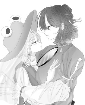 2girls absurdres detached_sleeves greyscale hair_bun hat height_difference highres medium_hair monochrome moriya_suwako multiple_girls nanoki_no shirt short_sleeves single_hair_bun touhou vest wide_brim yasaka_kanako yuri