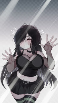 Rule 34 | 1girl, against fourth wall, against glass, aria wintermint, bare shoulders, belt, black belt, black camisole, black choker, black hair, black skirt, breast press, breasts, camisole, checkered background, choker, closed eyes, closed mouth, commentary, cowboy shot, english commentary, facing viewer, flying sweatdrops, green thighhighs, hair over one eye, highres, large breasts, long hair, midriff, miniskirt, navel, parororo, pleated skirt, see-through cleavage, see-through clothes, skirt, solo, striped clothes, striped thighhighs, the crawling city, thighhighs, zettai ryouiki
