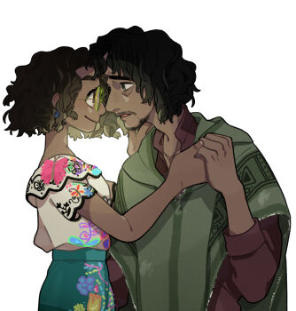 Rule 34 | 1boy, 1girl, absurdres, brown eyes, brown hair, bruno madrigal, colombian clothes, commentary request, curly hair, dark-skinned female, dark-skinned male, dark skin, earrings, encanto, green-framed eyewear, highres, jewelry, mirabel madrigal, round eyewear, shirt, short hair, simple background, skirt, smile, sweetp247, white shirt