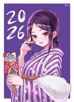 1girl 2026 absurdres artist_name black_hair commentary english_commentary facepaint floral_print floral_print_kimono folded_ponytail hagoita hane_(hanetsuki) highres japanese_clothes jjum_pp kimi_no_koto_ga_dai_dai_dai_dai_daisuki_na_100-nin_no_kanojo kimono light_blush long_sleeves looking_at_viewer medium_hair morikita_kimari new_year obi open_mouth paddle parted_bangs pentarou_(hyakkano) print_kimono purple_background red_eyes sash simple_background smile solo striped_clothes striped_kimono wide_sleeves