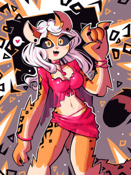 Rule 34 | 1girl, abstract background, andaerz, animal ears, black sclera, bracelet, claws, colored sclera, commission, cowboy shot, heart, highres, jaguar ears, jaguar girl, jaguar tail, jewelry, long hair, looking at viewer, midriff, navel, necklace, open mouth, orange eyes, orange fur, original, see-through clothes, see-through shirt, see-through skirt, shirt, skirt, spoken heart, tail, white hair
