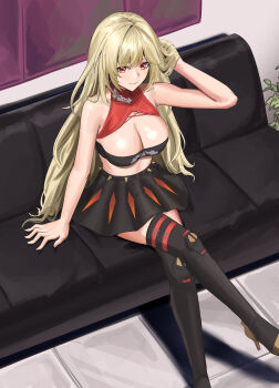 Rule 34 | 1girl, absurdres, alternate hair length, alternate hairstyle, anoreika tomoe, bare arms, black skirt, black tube top, blonde hair, blush, boots, breasts, burnice white, cleavage, closed mouth, commentary, couch, hair down, highres, indoors, large breasts, long hair, looking at viewer, miniskirt, on couch, red eyes, sitting, skirt, smile, solo, strapless, thigh boots, thighs, tube top, zenless zone zero