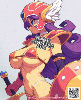 Rule 34 | 1girl, adversarial noise, armor, bikini armor, blue eyes, breasts, closed mouth, commentary request, covered erect nipples, dragon quest, dragon quest iii, gloves, helmet, holding, holding shield, holding sword, holding weapon, large breasts, long hair, metata, navel, profile, purple hair, shield, simple background, solo, sword, warrior (dq3), weapon, winged helmet