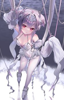 1girl absurdres ahoge arm_up armored_shoes blush breasts cleavage covered_navel detached_sleeves frills full_body goddess_of_victory:_nikke hair_between_eyes hair_intakes hand_up headgear highres leotard liberalio_(nikke) long_sleeves looking_at_viewer pantyhose parted_lips purple_hair red_eyes seori short_hair_with_long_locks sleeves_past_fingers sleeves_past_wrists solo standing two_side_up white_leotard white_pantyhose white_sleeves wire