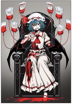 1girl absurdres ascot bat_wings blood blood_bag blood_on_clothes blood_on_face blue_hair bone chair clenched_teeth collared_shirt dress drinking_blood fang frilled_dress frilled_shirt_collar frills guro hat hat_ribbon highres looking_at_viewer mob_cap on_chair red_ascot red_eyes red_ribbon remilia_scarlet ribbon ryoan_(voyagehermitage) shirt sitting solo teeth touhou white_dress wings