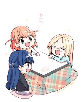 3girls :d black_shirt blonde_hair blue_eyes blue_hair blue_ribbon blue_shirt brown_shirt closed_eyes commentary_request dated glasses hair_ornament hair_ribbon half_updo hasu_no_sanrenka highres hinoshita_kaho kanduki_kamibukuro kotatsu link!_like!_love_live! long_hair long_sleeves love_live! multiple_girls murano_sayaka open_mouth orange_hair osawa_rurino rabbit_hair_ornament red_ribbon ribbon semi-rimless_eyewear shirt shorts sitting smile table translation_request two_side_up under-rim_eyewear virtual_youtuber white_shorts