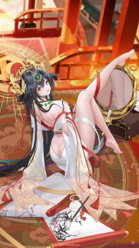 1girl ahoge architecture barefoot black_hair character_request east_asian_architecture fang gold_headdress hair_between_eyes halo hand_up highres holding holding_paintbrush houchi_shoujo jewelry leg_up long_hair looking_at_viewer looking_back magatama magatama_necklace mirror necklace official_art orange_eyes paintbrush painting_(action) pale_skin single_bare_shoulder sitting skin_fang solo_focus toenails very_long_hair