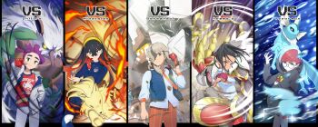 2boys 3girls absurdres arven_(pokemon) black-framed_eyewear black_hair black_hoodie black_sclera blue_hair blue_jacket blue_pants blue_vest breasts carmine_(pokemon) character_name closed_mouth colored_sclera commentary_request crossed_bangs fire garganacl gen_1_pokemon gen_3_pokemon gen_7_pokemon glasses gloves glowing glowing_eyes green_hair grey_hair hair_over_one_eye highres hood hood_down hoodie jacket kieran_(pokemon) kommo-o long_hair long_sleeves looking_at_viewer mole mole_on_neck mole_under_eye multicolored_hair multiple_boys multiple_girls naranja_academy_school_uniform necktie nemona_(pokemon) ninetales nintendo open_clothes open_jacket pants partially_fingerless_gloves penny_(pokemon) pointing pointing_at_viewer poke_ball_print pokemon pokemon_sv ponytail red_gloves red_hair red_tank_top school_uniform shiftry shirt short_hair single_glove tank_top tli_eilt_pk vaporeon vest water_drop white_jacket white_shirt yellow_eyes