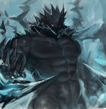 1boy amm134_(anmei_ftnn) arknights bara black_skin colored_skin cowboy_shot fingernails highres huge_pectorals looking_at_viewer male_focus mon3tr_(arknights) mon3tr_(summon)_(arknights) monster muscular muscular_male pectorals sharp_fingernails sharp_teeth solo standing strongman_waist teeth