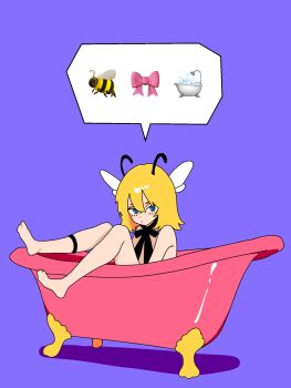 Rule 34 | 1girl, antennae, arthropod girl, bathtub, bee, bee girl, bee wings, black ribbon, blonde hair, blue eyes, bow, bug, claw foot bathtub, closed mouth, double-parted bangs, emoji, expressionless, flat color, hair between eyes, head wings, highres, insect, insect girl, insect wings, legs up, light frown, looking at viewer, minminmince, mismatched eyebrows, neck ribbon, no nose, no pupils, original, purple background, ribbon, short eyebrows, short hair, simple background, sitting, slipper bathtub, solo, speech bubble, spoken emoji, wings