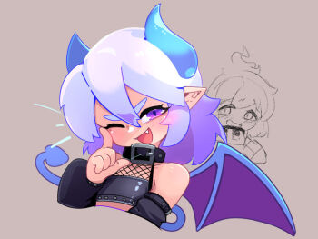 collar crop_top crossdressing demon demon_boy demon_horns demon_tail demon_wings detached_sleeves fang femboy horns pointy_ears purple_eyes sulfur tail tflames trap white_hair wings