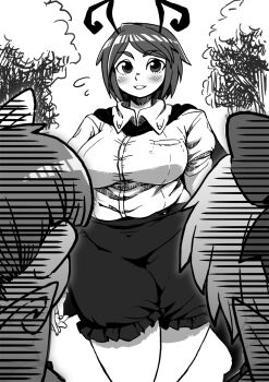 Rule 34 | 3girls, alternate breast size, antennae, blush, bow, breasts, cape, cirno, daiyousei, dress shirt, fairy wings, gloom (expression), greyscale, hair bow, highres, ice, ice wings, ichigo kotou, large breasts, looking at viewer, monochrome, multiple girls, aged up, parted lips, plump, shirt, smile, touhou, wide hips, wings, wriggle nightbug