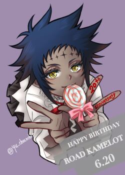 1girl anniversary artist_name birthday black_skirt blue_hair bow candy character_name colored_eyelashes commentary_request d.gray-man dark-skinned_female dark_skin double_v dress_shirt english_text facial_mark food forehead_mark frilled_shirt frills happy_anniversary happy_birthday highres holding holding_candy holding_food holding_lollipop lollipop lollipop_in_mouth long_sleeves looking_at_viewer lying messy_hair miniskirt noah_(d.gray-man) on_stomach pink_bow pink_ribbon pleated_skirt purple_background red_ribbon ribbon road_kamelot shirt short_hair sidelocks signature simple_background skirt solo spiked_hair twitter_username v white_shirt wide_sleeves yellow_eyes yu_chocochip