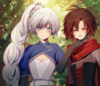 2girls akane031 artist_name black_gloves black_hair blue_eyes blush braid cape gloves gradient_hair hand_on_another's_chin long_hair multicolored_hair multiple_girls outdoors ponytail red_cape red_hair ruby_rose rwby scar scar_across_eye scar_on_face short_hair tiara weiss_schnee white_hair
