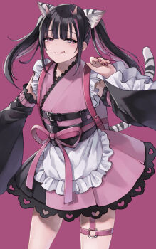 Rule 34 | 1boy, animal ears, cho kaguya-hime!, commentary request, crossdressing, crossdressing (mtf), detached sleeves, hand up, highres, horns, komazawa noi, long sleeves, looking at viewer, male focus, multicolored hair, pink background, ribbon, solo, thigh strap, tongue, trap, twintails, user vsyk2875