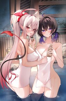 2girls ahoge ass black_hair bottle breasts butterfly_hair_ornament completely_nude covered_erect_nipples covered_navel covering_privates demon_tail hair_ornament highres holding holding_bottle large_breasts multiple_girls naked_towel night night_sky niku_(hamuchang) nude nude_cover onsen original purple_eyes purple_hair red_eyes red_tail same-sex_bathing shared_bathing sky standing steam tail thighs towel wading water