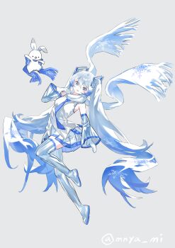 1girl absurdres animal aqua_hair bare_shoulders blue_eyes blue_necktie blue_scarf boots commentary_request detached_sleeves double-parted_bangs floating full_body grey_background grey_boots grey_skirt hair_between_eyes hair_ornament hatsune_miku headphones headset highres long_hair miniskirt minyami_(hia8038) mittens necktie open_mouth pleated_skirt rabbit rabbit_yukine scarf shiny_clothes shirt skirt sleeveless sleeveless_shirt smile snow snowflake_print standing standing_on_one_leg teeth thigh_boots thighhighs twintails upper_teeth_only very_long_hair vocaloid white_mittens white_rabbit_(animal) white_shirt white_sleeves yuki_miku yuki_miku_(2011) zettai_ryouiki