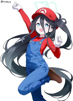 1girl :d absurdres aqua_halo aris_(blue_archive) arm_up black_hair blue_archive blue_eyes blue_overalls brown_shoes buttons clenched_hands commentary cosplay english_commentary flat_cap foot_out_of_frame gloves gold_buttons hair_between_eyes halo happy hat highres initial leg_up letter_print long_bangs long_hair long_hair_between_eyes long_sleeves looking_at_viewer loosely_tucked_bangs mario mario_(cosplay) mario_(series) mario_hat nintendo one_side_up open_mouth overalls potgit rectangular_halo red_hat red_shirt shirt shoes simple_background smile solo standing standing_on_one_leg teeth twitter_username upper_teeth_only very_long_hair white_background white_gloves