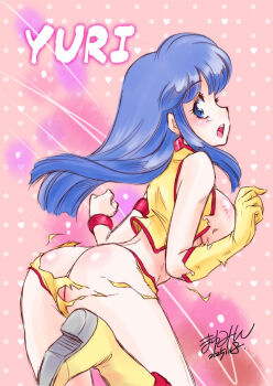 arms_up ass blue_eyes blue_hair boots breasts character_name dirty_pair earrings from_behind gloves jewelry kisaragi_miyuki leaning_forward leg_up long_hair looking_back open_mouth running shirt short_shorts shorts sideboob single_glove thighs torn_clothes torn_shirt torn_shorts yellow_boots yellow_gloves yellow_shirt yellow_shorts yuri_(dirty_pair)