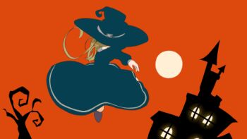 1girl animal animated animated_gif bad_id bad_tumblr_id bare_tree bat_(animal) blonde_hair building castle cii_(cii0000) clenched_teeth dress energy_beam female_focus full_moon grin halloween hat long_hair lowres mansion moon original pointing red_background silhouette simple_background smile solo teeth tree witch_hat yellow_eyes