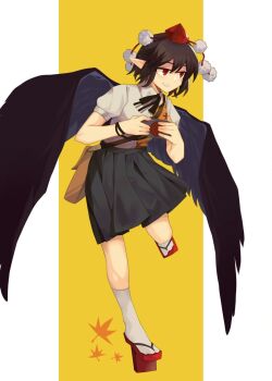Rule 34 | 1girl, bird wings, black ribbon, black skirt, black wings, camera, commentary request, full body, grin, hat, highres, holding, holding camera, kneehighs, leg up, multicolored shirt, neck ribbon, onionmay, pleated skirt, pointy ears, pom pom (clothes), puffy short sleeves, puffy sleeves, red eyes, red hat, red sandals, ribbon, sandals, shameimaru aya, shirt, short sleeves, skirt, smile, socks, solo, tokin hat, touhou, white shirt, white socks, wings