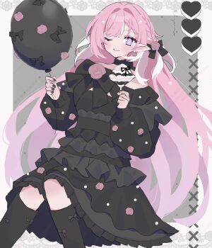 Rule 34 | 1girl, ;), alternate costume, balloon, black dress, black nails, black socks, breasts, commentary request, dress, earrings, elf, elysia (hi love elf) (honkai impact), elysia (honkai impact), food, heart, heart earrings, highres, holding, holding balloon, holding food, holding ice cream, honkai (series), honkai impact 3rd, ice cream, jewelry, kanaria (mint tea1256), long hair, looking at viewer, medium breasts, multicolored hair, one eye closed, pink hair, pointy ears, purple eyes, smile, socks, solo, two-tone hair, very long hair, white hair