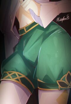 1boy absurdres bulge crotch_focus erection erection_under_clothes genshin_impact green_shorts hashtag-only_commentary highres long_sleeves male_focus marky_evan navel shirt shorts signature upshirt venti_(genshin_impact) white_shirt