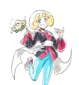 Rule 34 | 1girl, black jacket, blonde hair, blue bodysuit, blue eyes, blush, bodysuit, bodysuit under clothes, commentary request, eyelashes, flying sweatdrops, gen 3 pokemon, greta (pokemon), grin, hands up, highres, jacket, leg up, nintendo, notice lines, pokemon, pokemon (creature), pokemon emerald, pokemon rse, shoes, short hair, shroomish, simple background, smile, teeth, u4 99384295, white background