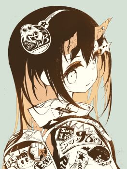 1girl backpack bag commentary_request hairband highres horn_ornament horns jacket light_smile limited_palette long_hair looking_at_viewer original solo star_(symbol) sumi_keiichi upper_body