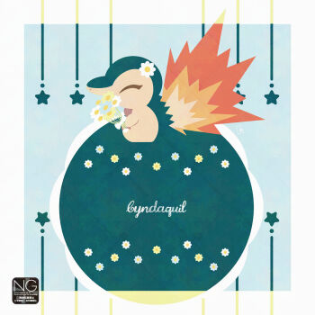 closed_mouth cyndaquil fire flower flower_on_head gen_2_pokemon highres holding holding_flower meme_(sleepsheep) nintendo no_humans pokemon pokemon_(creature) pokemon_focus sitting solo star_(symbol)