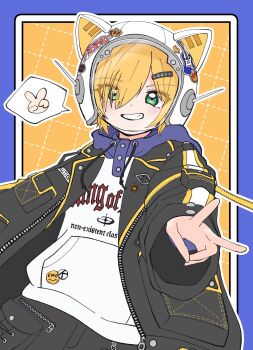 1boy animal_ear_helmet animal_ears animal_helmet arm_belt belt black_belt black_jacket black_shorts blonde_hair blue_border blue_hood blush border cat_ears caution character_name clothes_writing cowboy_shot drawstring fake_animal_ears flame_print from_below green_eyes grid_background grin hair_ornament hair_over_one_eye hairclip helmet highres hood hood_down hoodie image_in_speech_bubble jacket lapels lightning_bolt_print looking_at_viewer loose_belt male_focus nijisanji notched_lapels open_belt open_clothes open_jacket outside_border pocket print_hoodie reaching reaching_towards_viewer short_hair shorts smile solo space_helmet standing sticker takomi_v unzipped uzuki_kou uzuki_kou_(5th_costume) v virtual_youtuber white_helmet white_hoodie wolf_cut yellow_background yellow_belt yellow_trim zipper