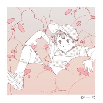 Rule 34 | 1boy, bac0n pancakes, bad id, bad pixiv id, border, closed mouth, commentary request, doseisan, hat, korean text, male focus, monochrome, mother (series), mother 2, ness (mother 2), nintendo, shirt, short hair, striped clothes, striped shirt, translation request, white border