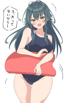 1girl absurdres blue_hair blue_one-piece_swimsuit breasts commentary_request competition_school_swimsuit gakuen_idolmaster gluteal_fold green_eyes highres idolmaster kickboard long_hair medium_breasts one-piece_swimsuit open_mouth school_swimsuit simple_background solo swimsuit translation_request tsukimura_temari urishima white_background